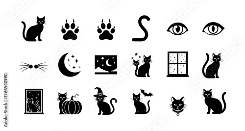 Halloween cat silhouettes and icons set with moon, bat, and pumpkin elements