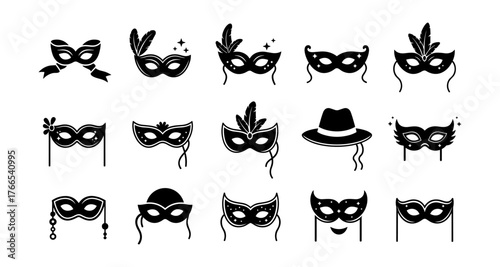 Elegant silhouette collection of carnival and masquerade masks with decorative elements