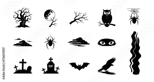 Halloween silhouette icons: spooky trees, owls, and creepy creatures