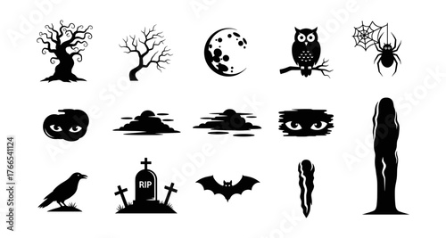 Spooky halloween silhouettes featuring creepy trees, bats, and haunted icons