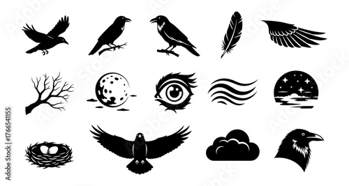 Silhouette crow and nature icons set featuring wings, feathers, and night elements