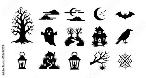 Spooky halloween silhouette icons featuring haunted houses and ghostly imagery