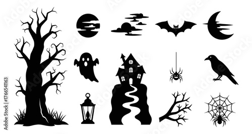 Spooky halloween silhouettes of bats, ghosts, and haunted house