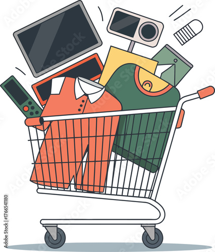 Shopping cart overflowing with electronics and clothing
