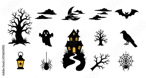 Spooky halloween silhouettes: haunted house, tree, ghost, bat, and spider elements