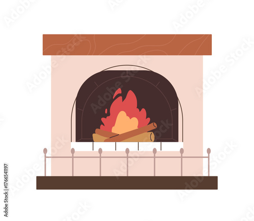 Fireplace hearth. Fire place with burning glowing warm flame. Cozy furnace, fireside, interior heat. Traditional winter light, home blaze. Flat vector illustration isolated on white background