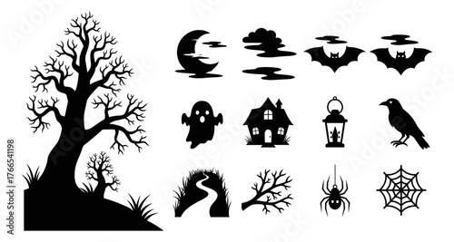 Spooky halloween silhouette set: haunted house, creepy trees, bats, ghosts, and more