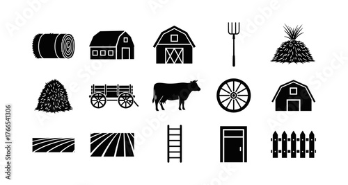 Silhouette farm icons set featuring barns, animals, and tools for agriculture design