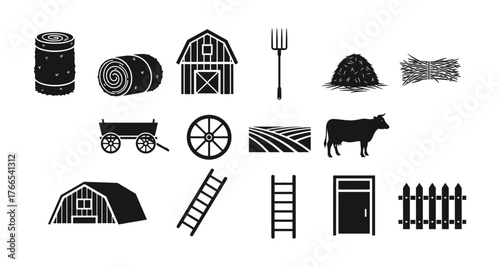 Silhouette farm elements: barns, animals, and tools for rustic designs