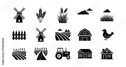 Set of 16 farming icons: silhouette design of rural and agricultural elements