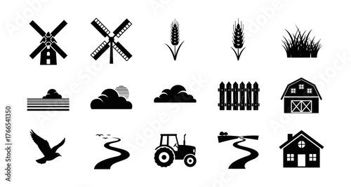 Farm silhouette icons featuring barn, tractor, and windmill in black and white