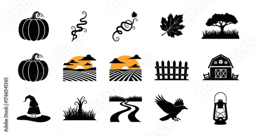 Halloween silhouettes: pumpkins, crows, and autumn landscapes collection