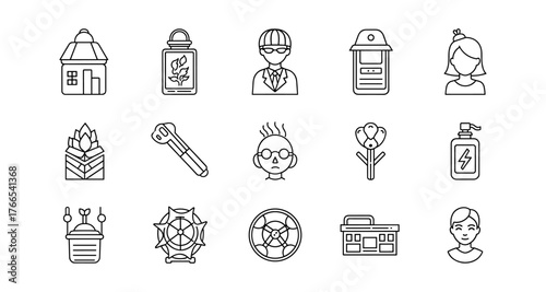 Simple line icons set: people, buildings, energy, and nature elements