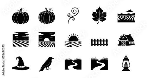 Autumn farm silhouettes: pumpkins, leaves, and countryside elements