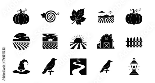 Autumn farm silhouettes: pumpkins, barn, harvest, and nature icons