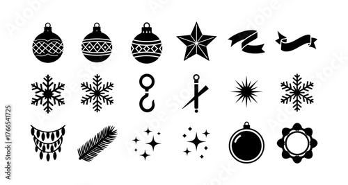 Festive holiday symbol set: ornaments, stars, snowflakes, and decorations in silhouette style