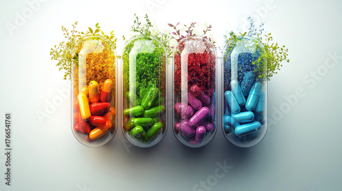 Vibrant capsules filled with life and color showcase a modern approach to health and wellness, perfect for showcasing natural remedies and innovative medicine