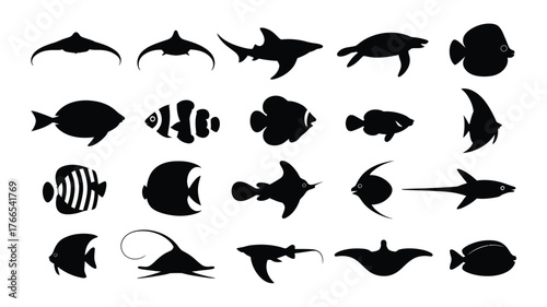 Stunning collection of diverse marine life silhouettes, perfect for educational and design projects, bringing underwater beauty to your visuals.