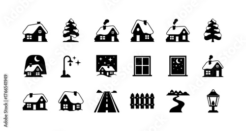 Winter village icon set: cozy homes, snowy trees, night sky elements, minimalist black and white design
