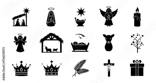 Christmas nativity scene icons: celebrate holiday spirit with religious silhouettes and symbols