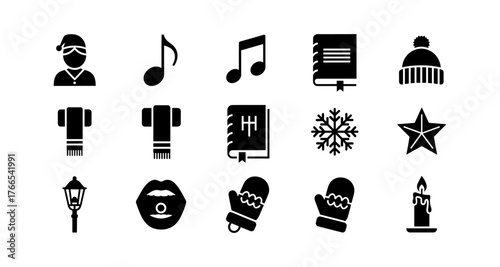 Winter silhouette icons: music, books, accessories, and cozy symbols