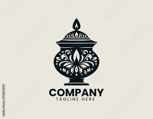 Ornate Kalasha pot silhouette vector illustration symbolizing abundance and prosperity with detailed floral and geometric patterns. Religious icon concept
