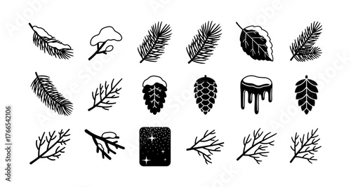 Nature-inspired black and white leaf and branch icons set with simple silhouettes