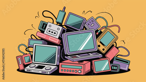Pile of retro electronic devices and screens technology