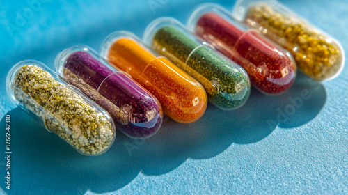 Colorful capsules offer potential wellness benefits for innovative pharmaceutical designs and health solutions, inspiring hope and modern medical advancements