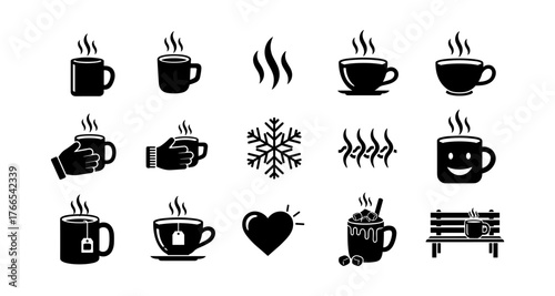 Cozy winter coffee icons: warm cups, steam, and seasonal elements in black silhouette