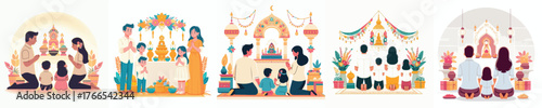 vector of family praying at altar with offerings and Diwali candles