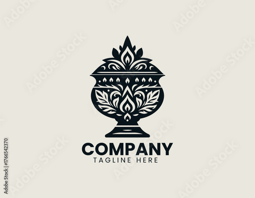 Ornate Kalasha pot silhouette vector illustration symbolizing abundance and prosperity with detailed floral and geometric patterns. Religious icon concept