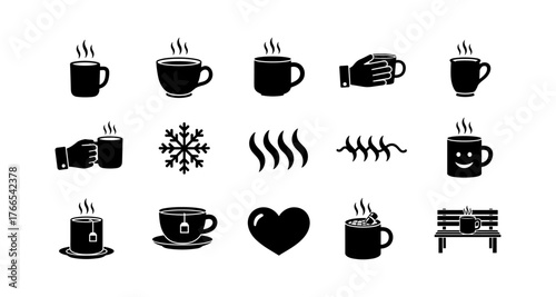 Collection of black coffee and tea icons with steam and winter elements
