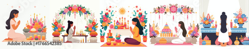 vector of woman praying at altar with offerings and Diwali candles