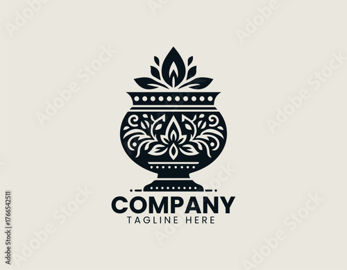 Ornate Kalasha pot silhouette vector illustration symbolizing abundance and prosperity with detailed floral and geometric patterns. Religious icon concept