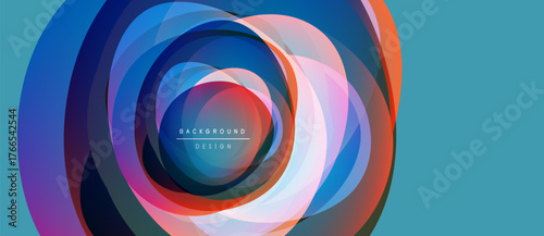 Abstract circular layers create vibrant visual effect. Colors blend, forming dynamic composition. Background design suggests movement, depth.