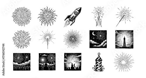Vintage fireworks and rocket illustrations in black and white with a retro design
