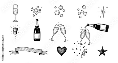 Festive sketches of champagne celebration with wine glasses and bubbles