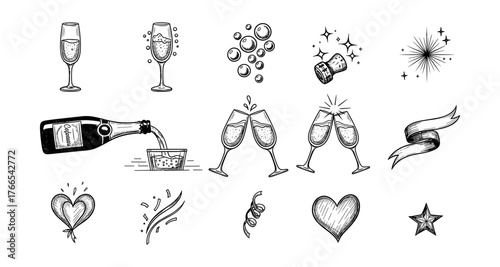 Hand drawn celebration icons: wine, glasses, and festive symbols in sketch style