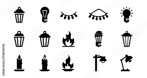 Set of silhouette light icons featuring lanterns, bulbs, candles, and flames in black