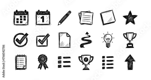 Hand drawn sketch icons set: office, education, achievement, and creativity symbols