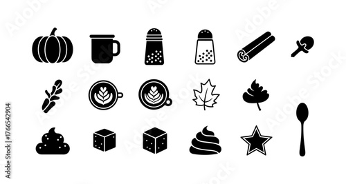 Autumn coffee icons: silhouette of pumpkins, cups, spices, and leaves