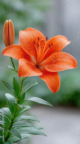 Fototapeta Naklejka Na Ścianę i Meble -  Close-up Macro Photo of a Vibrant Orange Lily Flower with Green Stems and a Bud Covered in Dew Drops Set Against a Soft Blurry Background in Natural Light