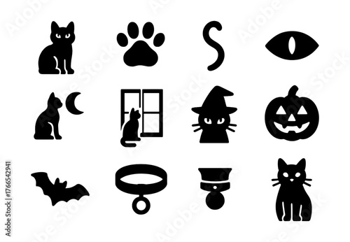 Halloween cat silhouettes: witch, pumpkin, bat, and more