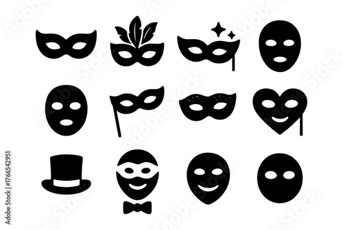 Collection of black silhouettes of various masks for parties and celebrations