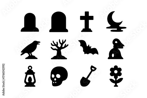 Halloween silhouette icons: spooky graveyard and night creatures