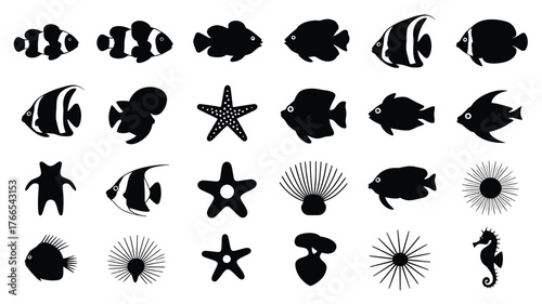 Charming collection of stylized marine life silhouettes including diverse fish, starfish, and a seahorse, perfect for playful aquatic designs.