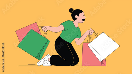 Woman in green shirt kneeling with shopping bags pink
