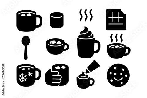 Cozy beverage icons: coffee, hot chocolate, and treats in monochrome style
