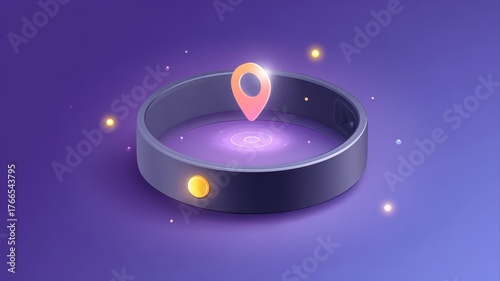 Digital illustration of a location pin above a circular device on a purple background.